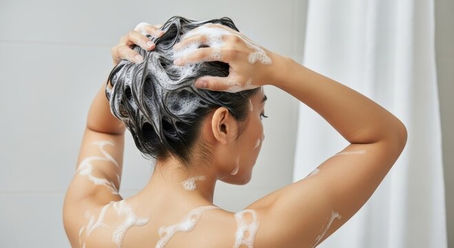 Woman washing dark hair with shampoo foam in shower. Personal hygiene, haircare routine and cleansing concept for beauty and wellness advertising.