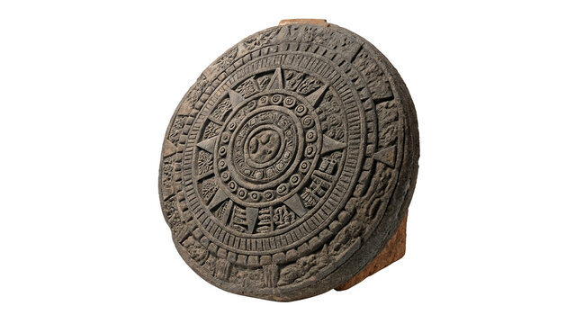 Ancient circular stone coin or tablet with traditional glyph carving artifact