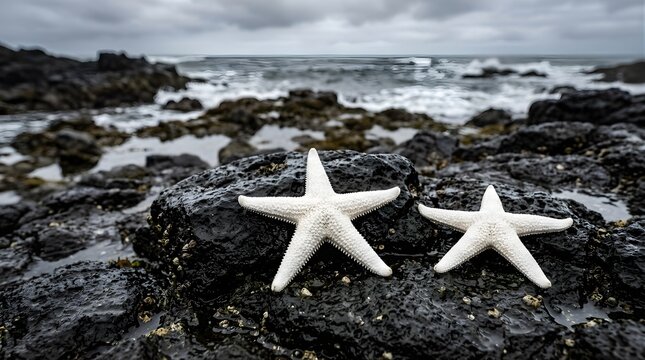 Two white starfish resting on black volcanic rocks by the stormy ocean