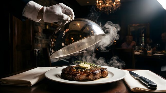 Waiter lifting silver cloche to reveal a hot grilled steak in a restaurant