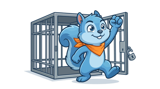 Happy Blue Squirrel Escaping From Open Metal Cage Illustration
