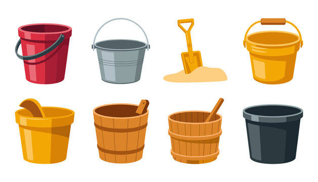 Vector collection of metallic buckets, wooden pails, and sand shovels for garden work, construction tools, household cleaning, and summer beach activities.