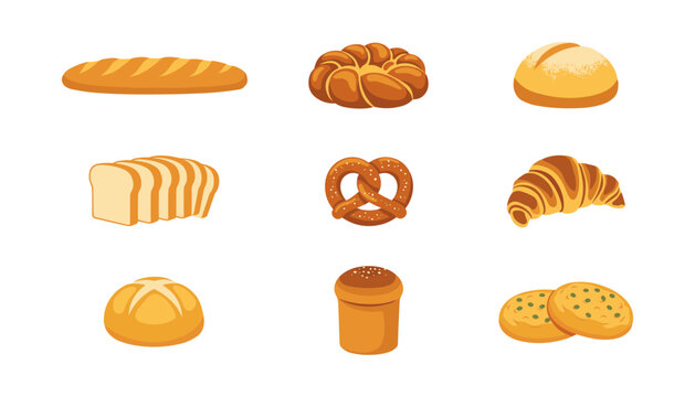 Vector set of fresh bakery products including sliced white bread, french baguette, and twisted buns for bakery shop menus and breakfast themes.