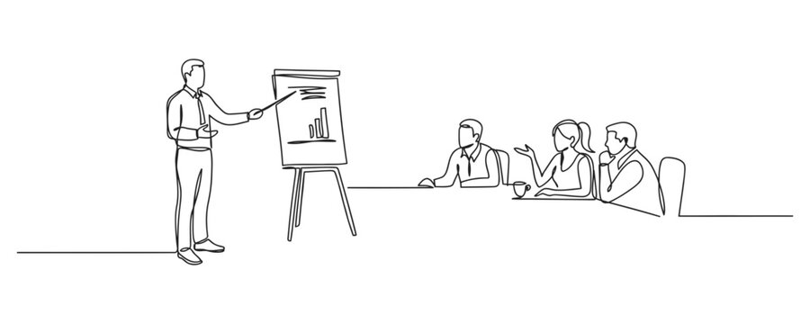 Continuous line drawing of corporate presentation and business meeting
