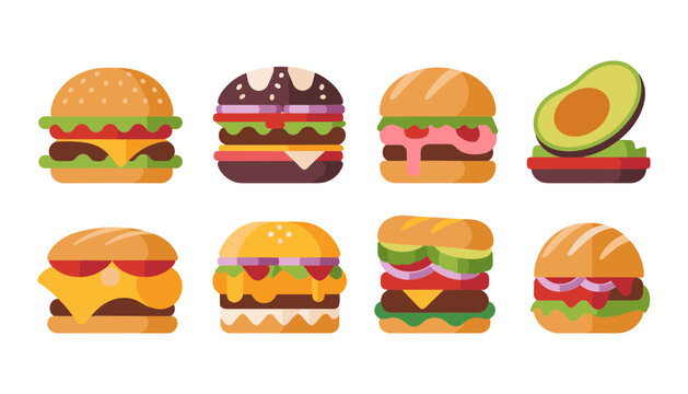Vector set of delicious cheeseburgers and hamburgers with fresh lettuce, tomatoes, cheese slices, and beef patties for fast food menu designs.