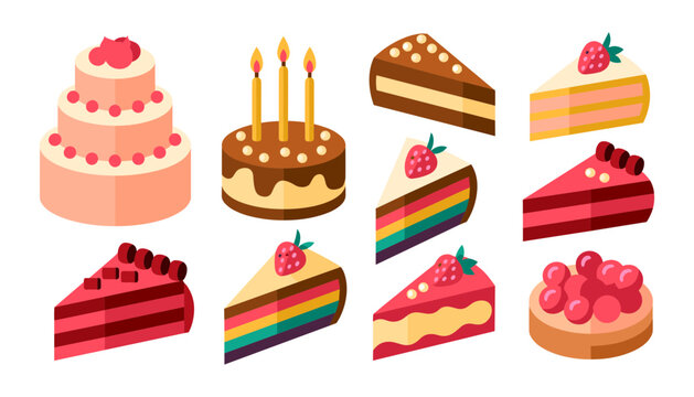 Vector set of delicious birthday cakes and sweet pastry slices with chocolate, rainbow layers, strawberries, and candles for bakery shop celebrations.