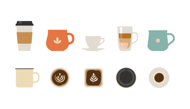 Vector set of coffee cups, glass mugs, and latte art icons from top view and side view for cafe menu branding.