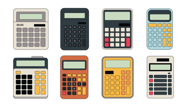Vector flat icon set of colorful electronic calculators for business accounting, financial calculations, school education, office mathematics, and tax planning.
