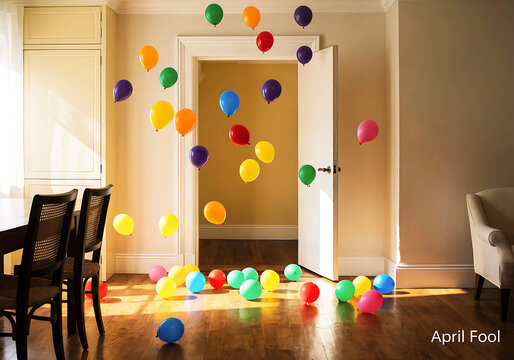 April fools day celebration with colorful balloons floating in a house background