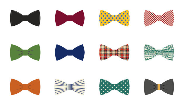 Collection of colorful vector bow ties with different patterns and designs for men fashion, formal wear, celebrations, and party dress accessories.