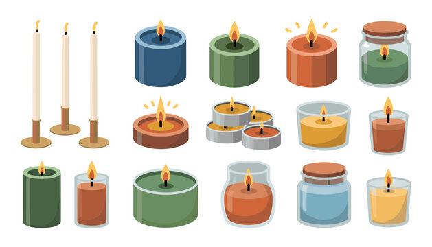 Vector collection of burning scented candles in glass jars and tealight holders for relaxation, aromatherapy, home decor, and romantic spa celebration.