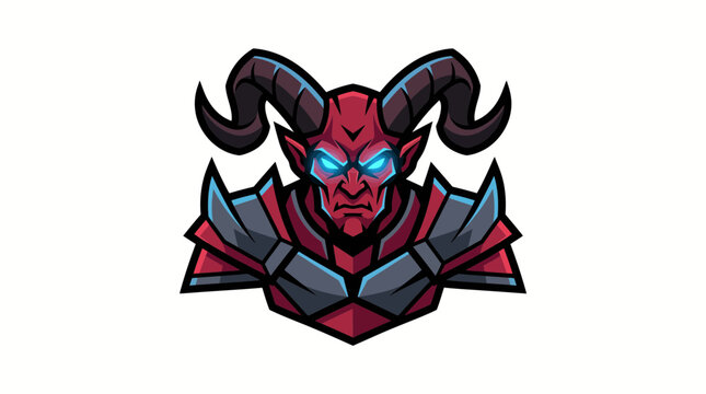 Vector illustration of a fierce red demon warrior with glowing blue eyes