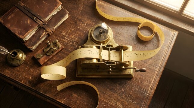 Antique brass telegraph machine with paper tape on a vintage wooden desk with old leather books.