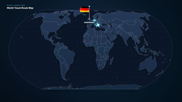 Digital world map footage displaying an international travel route from Germany to Romania with highlighted locations and a connecting flight path