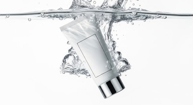 A silver tube of skincare product emerges from a body of water. The tube is floating and surrounded by splashing water droplets.