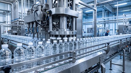 Fototapeta premium Water bottling plant with automated conveyor belts and filling machines.