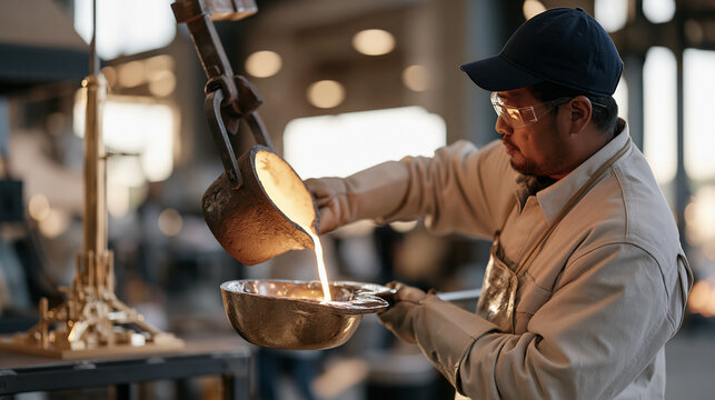 Bronze foundry worker at twilight blue hour, single molten metal ladle held mid pour as a detailed scale model of a space elevator concept sits on a fireproof shelf nearby,