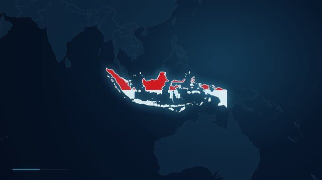 Digital map footage zooming in to highlight the city of Surabaya in Indonesia, Asia, with a location pin and geographic locator displayed