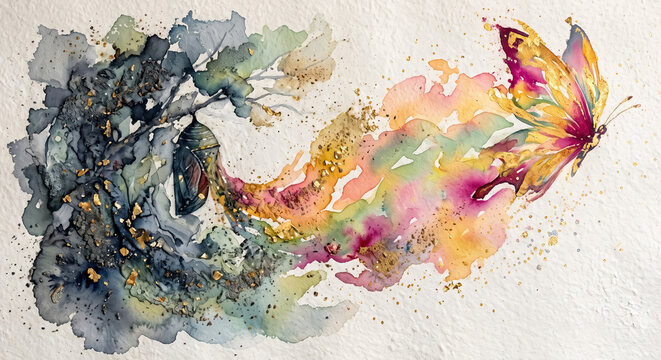 Butterfly rebirth and transformation emergence from chrysalis cocoon in colorful watercolor metamorphosis