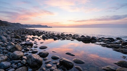 Obraz premium The image captures a serene coastal scene at sunset. A rocky shoreline stretches along the water's edge, covered with numerous smooth, dark stones.