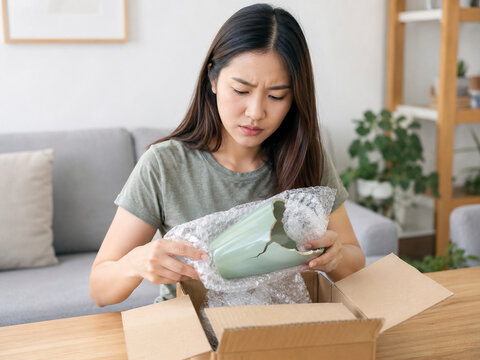 Woman inspecting a broken ceramic item from a damaged delivery box