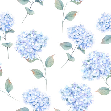 Floral print with blue hydrangea. Watercolor seamless pattern. Hand drawn  illustration on white background