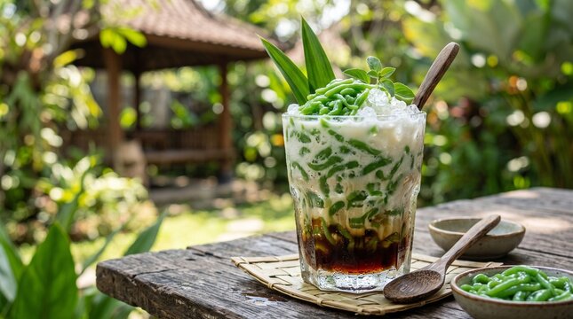 Traditional Indonesian Es Cendol with Coconut Milk and Palm Sugar