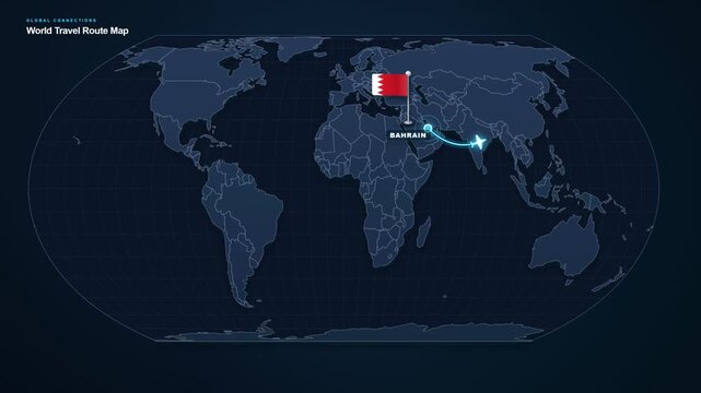 Digital world map footage displaying an international travel route from Bahrain to Bangladesh with highlighted locations and a connecting flight path