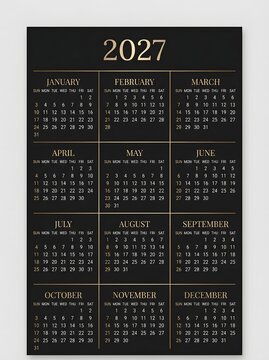 2027 Calendar year planner luxury gold and black design