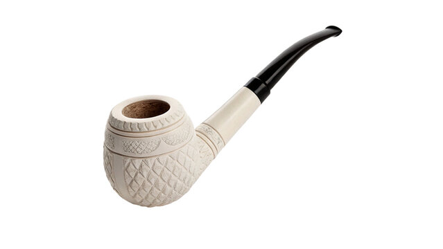 Classic white clay tobacco smoking pipe isolated on transparent background