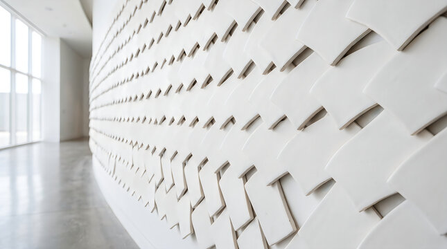 Close up perspective of an interior feature wall made of interlocking woven white ceramic tiles.