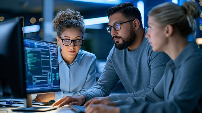 Faceless IT professionals reviewing software code together on a desktop monitor in a technology office, teamwork, software development, debugging, programming, IT collaboration,
