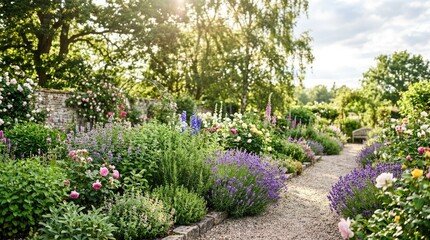 Fototapeta premium A vibrant garden path winds through a colorful flower bed. Lush greenery, including roses, lavender, and other flowering plants, lines the path.