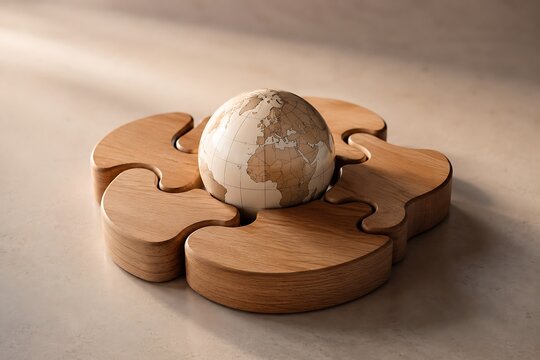 A wooden globe puzzle rests on a circular wooden base, symbolizing global connection and environmental awareness.