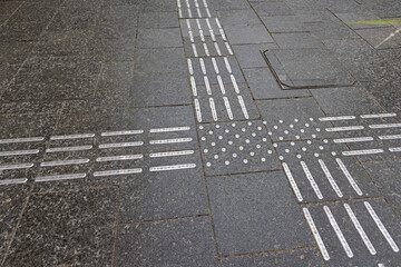 Fototapeta premium Tactile Paving Detectable Warning Ground Surface Assistance for Visually Impaired Pedestrians at Street Intersection
