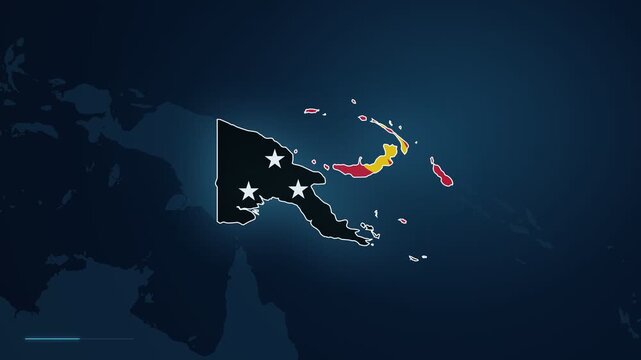Digital map footage zooming in to highlight the town of Rabaul in Papua New Guinea, Oceania, with a location pin and geographic locator displayed