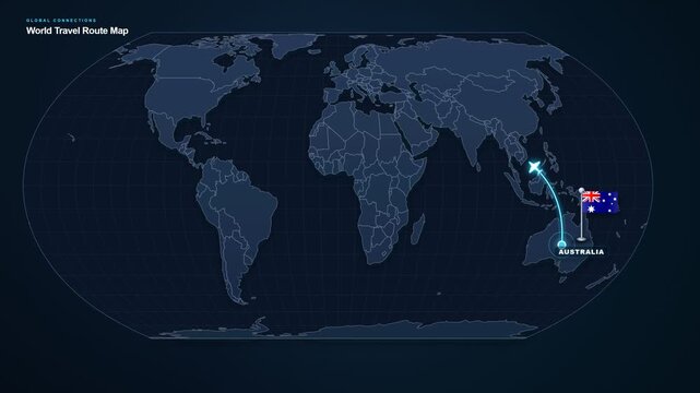 Digital world map footage displaying an international travel route from Australia to Thailand with highlighted locations and a connecting flight path