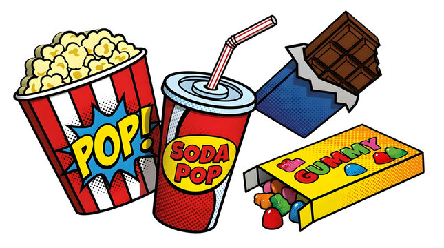 Movie Night Treats: A tempting assortment of popcorn, soda pop, chocolate bar, and gummy candies, perfect for a fun movie night or a party.