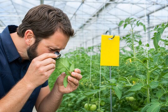 Crop scout examines the underside of a tomato leaf with a hand lens in a commercial greenhouse, showing integrated pest management, early detection and plant health monitoring.