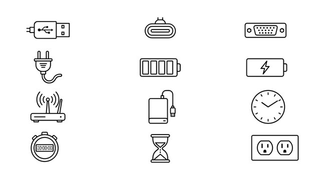 Universal Computer Hardware Connections and Power Charging Line Icon Set Featuring USB Cables Batteries Sockets Routers and Time Management Symbols for Modern Tech Interface Designs