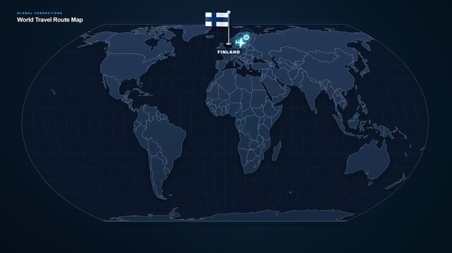 Digital world map footage displaying an international travel route from Finland to Estonia with highlighted locations and a connecting flight path