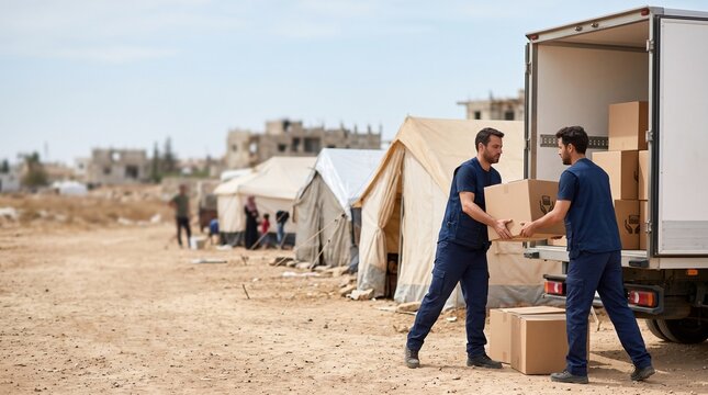 Aid workers deliver essential supplies to a refugee camp, unloading boxes from a truck amidst tents and damaged buildings