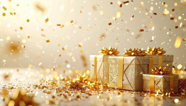 Tiny wrapped presents surrounded by golden confetti on a clean ivory background, refined celebration atmosphere, ample copy space