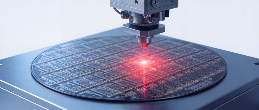 Semiconductor wafer laser processing during microchip manufacturing with red beam focus, metallic machinery, and cleanroom setup for advanced electronic technology and hardware engineering