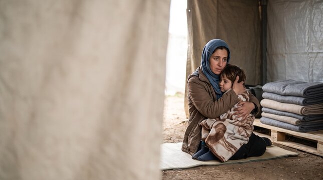 Distraught mother embraces child in refugee camp tent seeking warmth and comfort amidst hardship and displacement