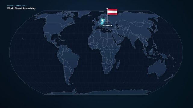 Digital world map footage displaying an international travel route from Austria to Germany with highlighted locations and a connecting flight path