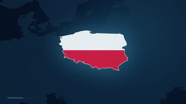 Digital map footage zooming in to highlight the city of Sosnowiec in Poland, Europe, with a location pin and geographic locator displayed