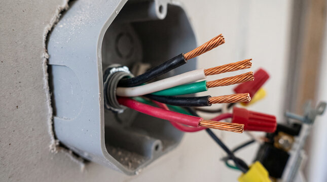 Close-up of exposed electrical wires and wire nuts in a junction box, representing electrical work, construction, and power supply, with free space for text.