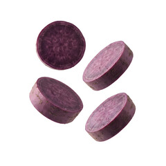 Naklejka premium Sliced purple sweet potato levitating isolated on transparent background