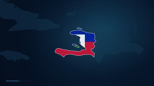 Digital map footage zooming in to highlight the city of Port-au-Prince in Haiti, North America, with a location pin and geographic locator displayed